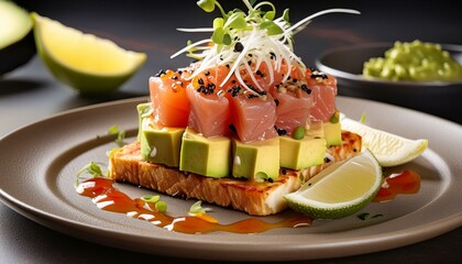 Tuna tartare with yuzu caviar. Fresh tuna cut into small cubes, seasoned with soy sauce and lime, served with yuzu caviar on crispy toast.