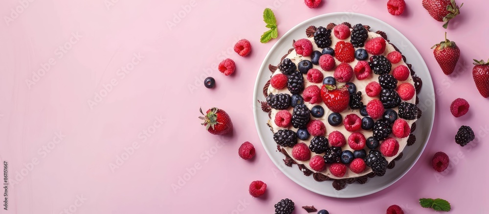 Poster dessert cake with chocolate and berries pastel background. copy space image. place for adding text a