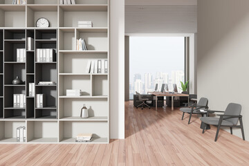 Office interior with lounge and coworking zone, shelf and panoramic window
