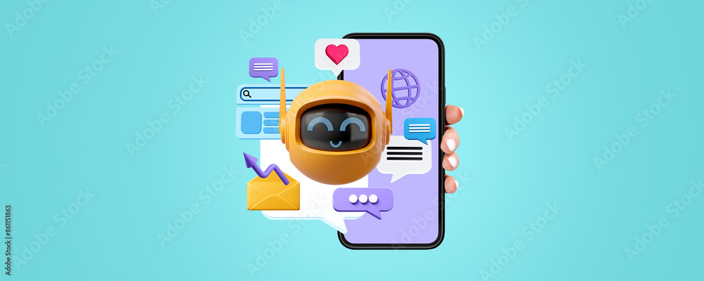 Poster hand showing smartphone screen with robot icon, colored background