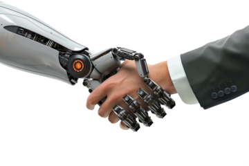 Close-up of a businessman shake hands a robot hands isolated on transparent background. Cooperation and Success concept