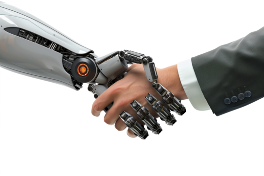 Close-up of a businessman shake hands a robot hands isolated on transparent background. Cooperation and Success concept