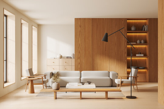 Fototapeta Beige home living room interior with two armchairs and couch, panoramic window