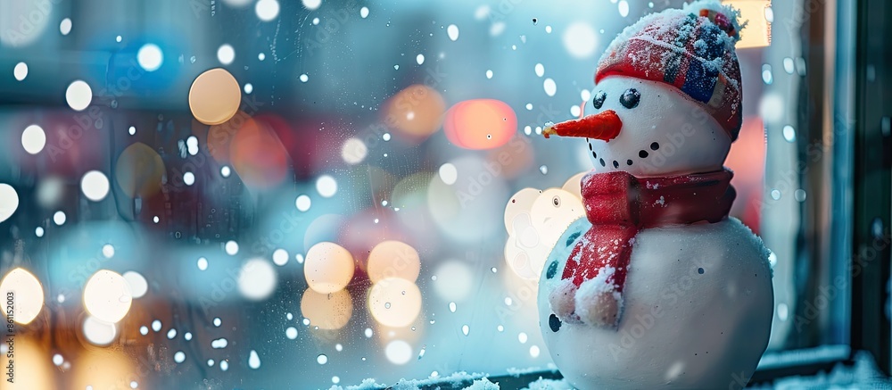 Aufkleber decorative snowman glued to the window glass. decoration for the new year. copy space image. place f