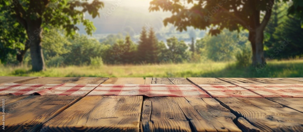 Poster empty rustic table in front of countryside background. product display and picnic concept. copy spac
