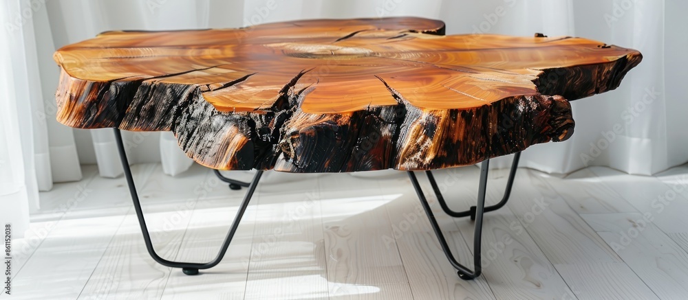 Poster small coffee table with iron legs made of natural tree stump on a white floor. copy space image. pla