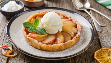 Tart with caramelized apples, shortcrust pastry, served warm with a scoop of vanilla ice cream