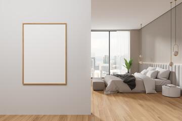 Cozy home bedroom interior with bed and panoramic window. Mock up frame