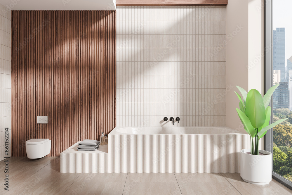 Sticker minimalist bathroom with bathtub and wooden panel wall, modern style, light background, interior des