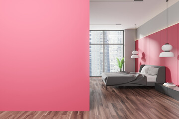Empty modern bedroom with a large pink wall, minimal decor, cityscape view from the window, interior design concept. 3D Rendering