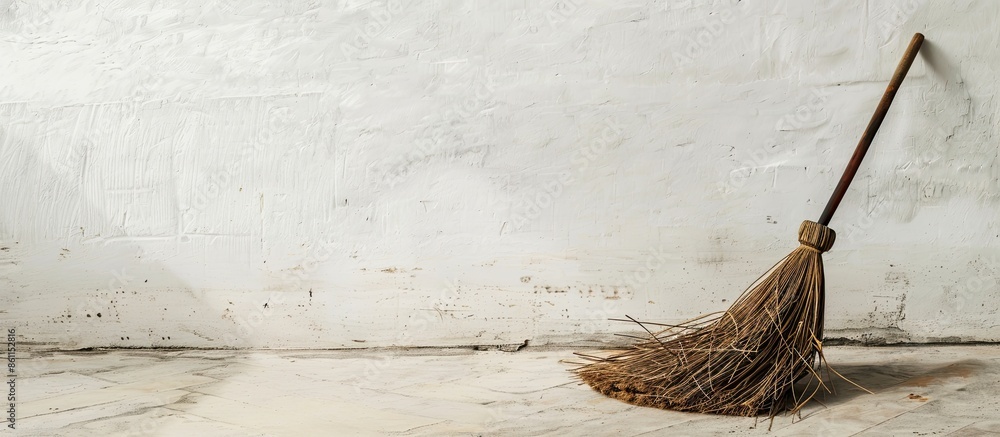 Poster vintage hand broom lying in front of a white wall. copy space image. place for adding text and desig