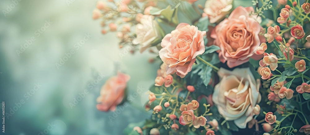 Poster beautiful vintage artificial flowers . copy space image. place for adding text and design