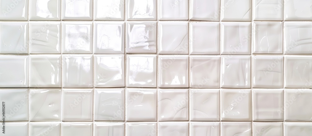 Poster white tile glossy mosaic earthenware material in the bathroom. copy space image. place for adding te