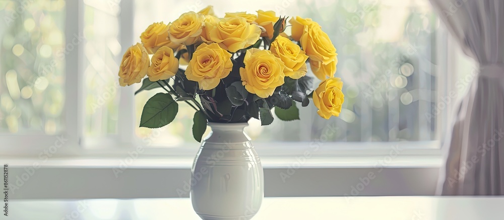 Poster vase with beautiful yellow roses on table in interior of room. copy space image. place for adding te