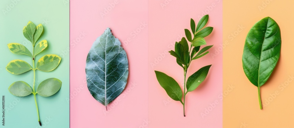 Poster collage of different leaves isolated on pastel background. copy space image. place for adding text a