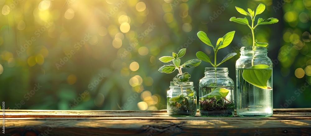 Poster plants growing in jars . copy space image. place for adding text and design