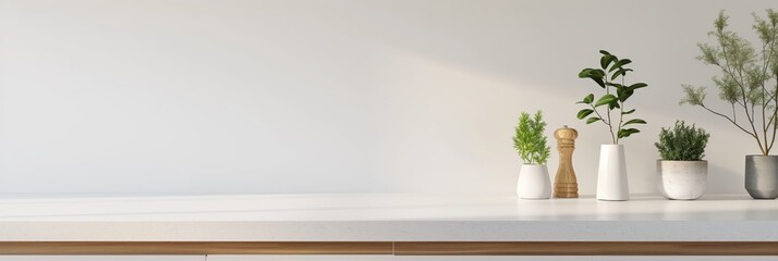 A bright and modern kitchen featuring small potted plants on a wooden surface, capturing the essence of contemporary and minimalist design.
