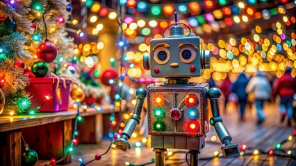 Adorable small robot with bright shiny eyes and colorful wires wandering through vibrant stalls of twinkling lights and festive decorations.