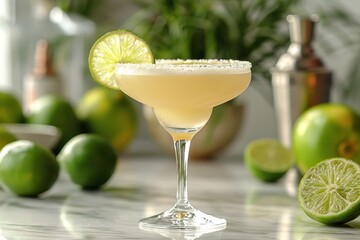 A classic daiquiri cocktail in a chilled martini glass, garnished with a lime wheel on the rim. 
