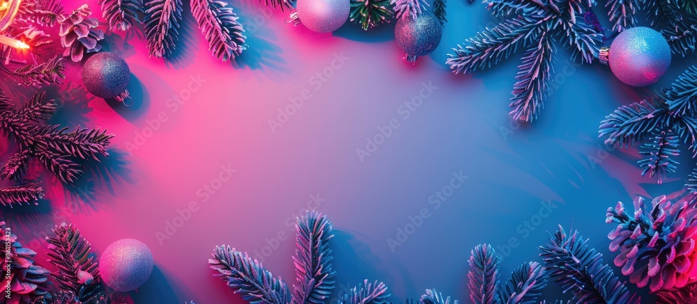 Poster christmas layout with christmas tree branches, christmas decorations in vibrant neon glow. copy spac