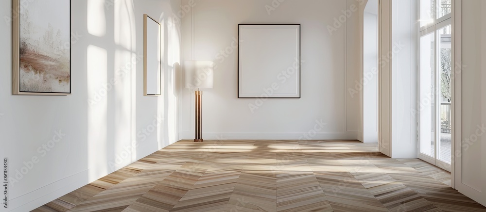 Poster interior design of hallway with white walls with lamp and mockup picture and light parquet floor in 