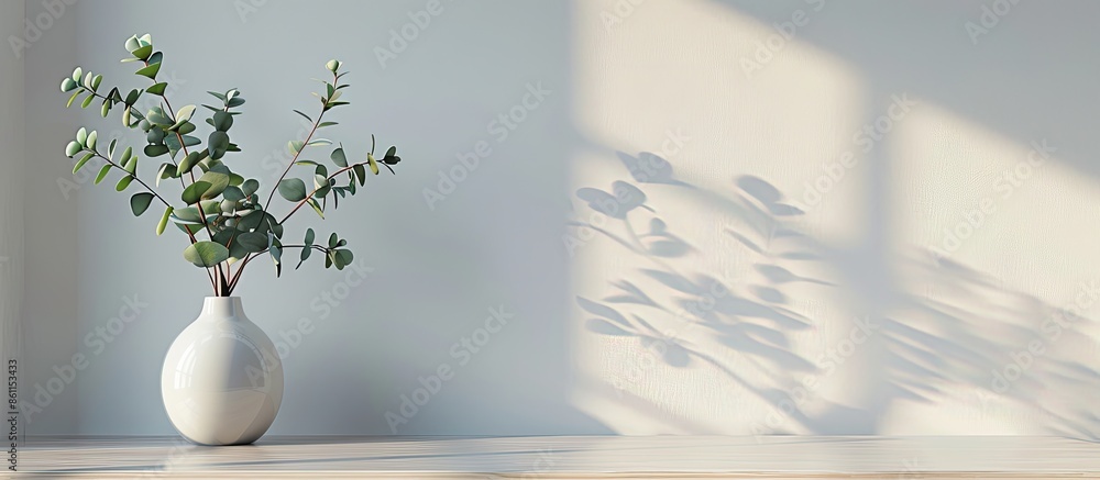 Poster a vase with a sprig of chlorine and eucalyptus, a kitchen in loft style. copy space image. place for