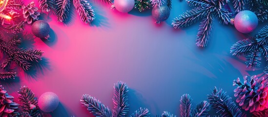 Christmas layout with christmas tree branches, christmas decorations in vibrant neon glow. copy space. top view. flat lay. Copy space image. Place for adding text or design
