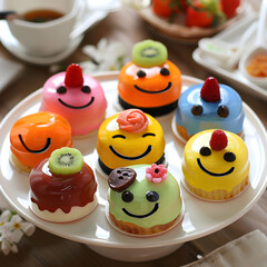 Obraz premium Arrange and take cute pictures of desserts decorated with smiley faces. Colorful and attractive