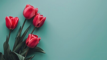 Obraz premium A bouquet of red tulips is arranged on a green background