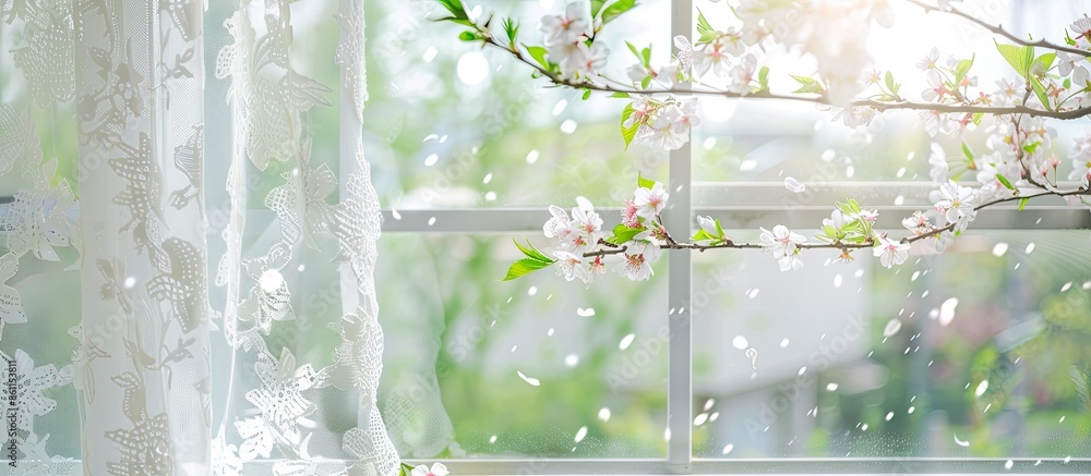 Poster closeup of modern white lace curtains with view through glass window on garden in spring or summer w