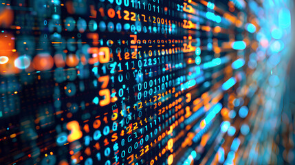 Digital binary code matrix background - 3D rendering of a scientific technology data binary code network conveying connectivity, complexity and data flood of modern digital age