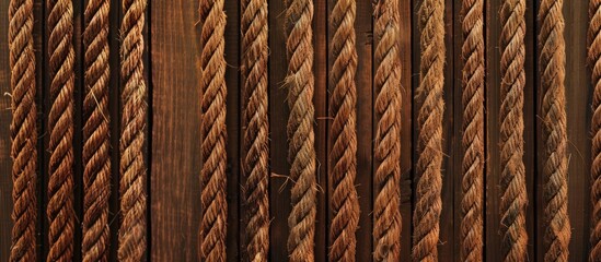 Thin brown rope curtains on the background on the background of evening colors. Copy space image. Place for adding text and design