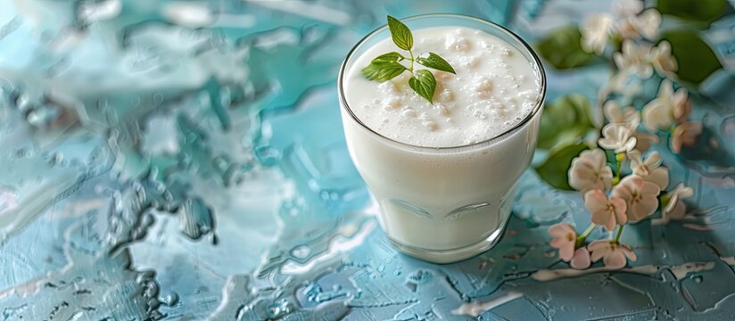 Glass cup of Turkish traditional drink ayran , kefir or buttermilk made from yogurt, healthy food. Copy space image. Place for adding text or design