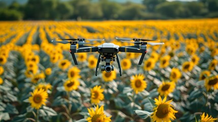 Drone Capturing Vibrant Sunflower Field in Serene Countryside Landscape