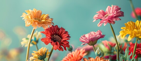 Colorful artificial flowers. Copy space image. Place for adding text and design