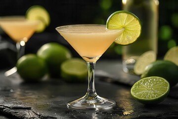A classic daiquiri cocktail in a chilled martini glass, garnished with a lime wheel on the rim. 