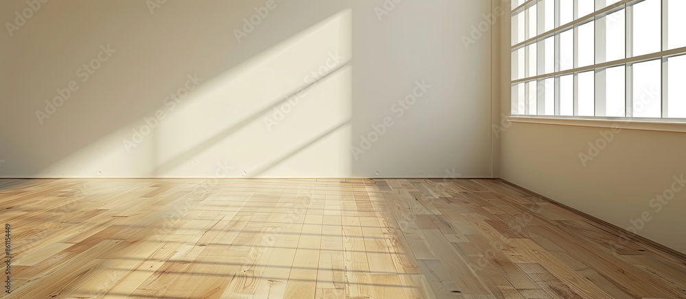 Poster carpenter installing laminate flooring in room. copy space image. place for adding text and design