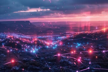 image of multi coloured glowing data over landscape.