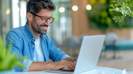Fototapeta premium smiling man working on laptop in modern office setting.