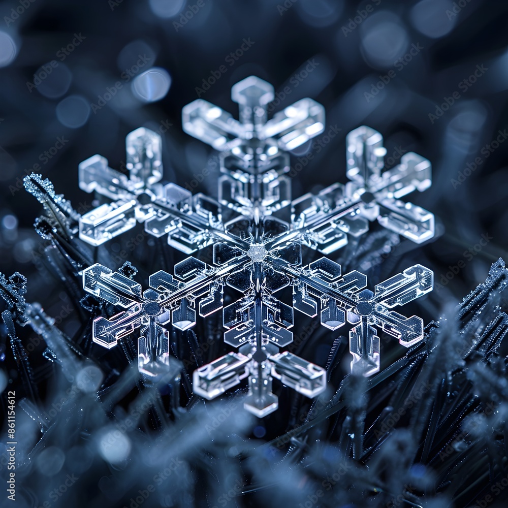 Poster extreme close up of a stunning snowflake showcasing its intricate crystal structure and unique patte