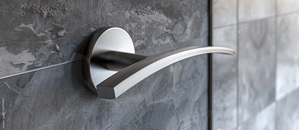 Poster closeup photo of metal door handle in modern style. copy space image. place for adding text and desi