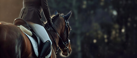 Close-up shot of a rider on a bay horse in the saddle, Equestrian sports, Horse riding