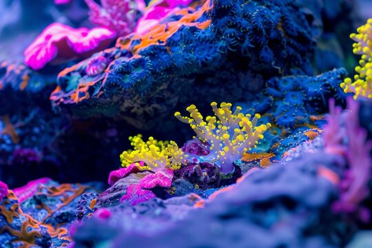 image of neon multicoloured corals growing on rock environment.