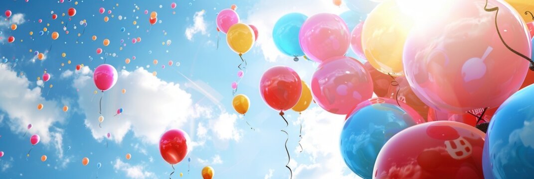 A celebratory scene of colorful balloons with congratulatory messages and school symbols, floating against a bright blue sky with white clouds. Generative AI