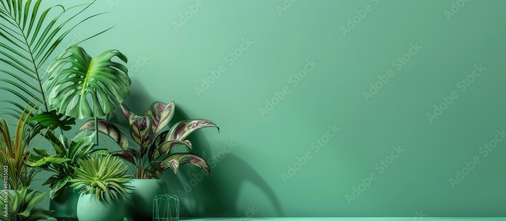 Poster house plants on the green background. Copy space image. Place for adding text and design