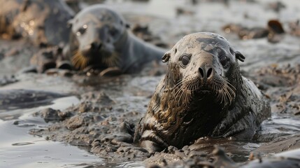 A dramatic image of marine animals trapped in oil spill residue