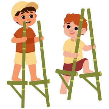 Boys Playing Egrang Illustration