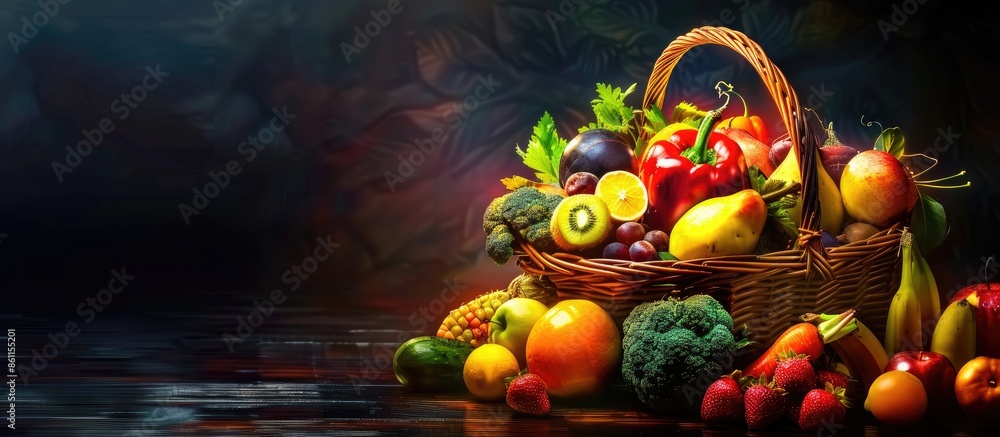 Poster fresh fruits and vegetables basket on kitchen. copy space image. place for adding text and design