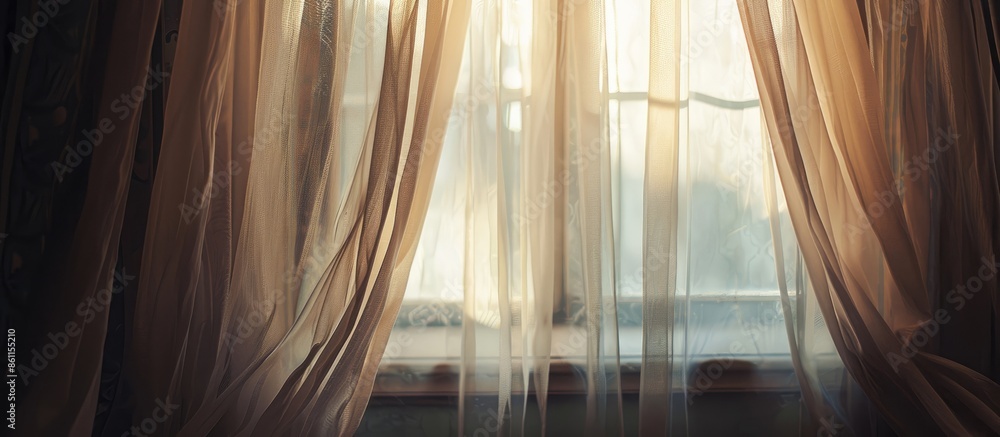 Poster close up of a window and curtains. copy space image. place for adding text and design