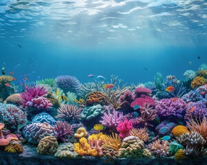 Fototapeta premium A detailed underwater landscape with colorful coral and various fish species,